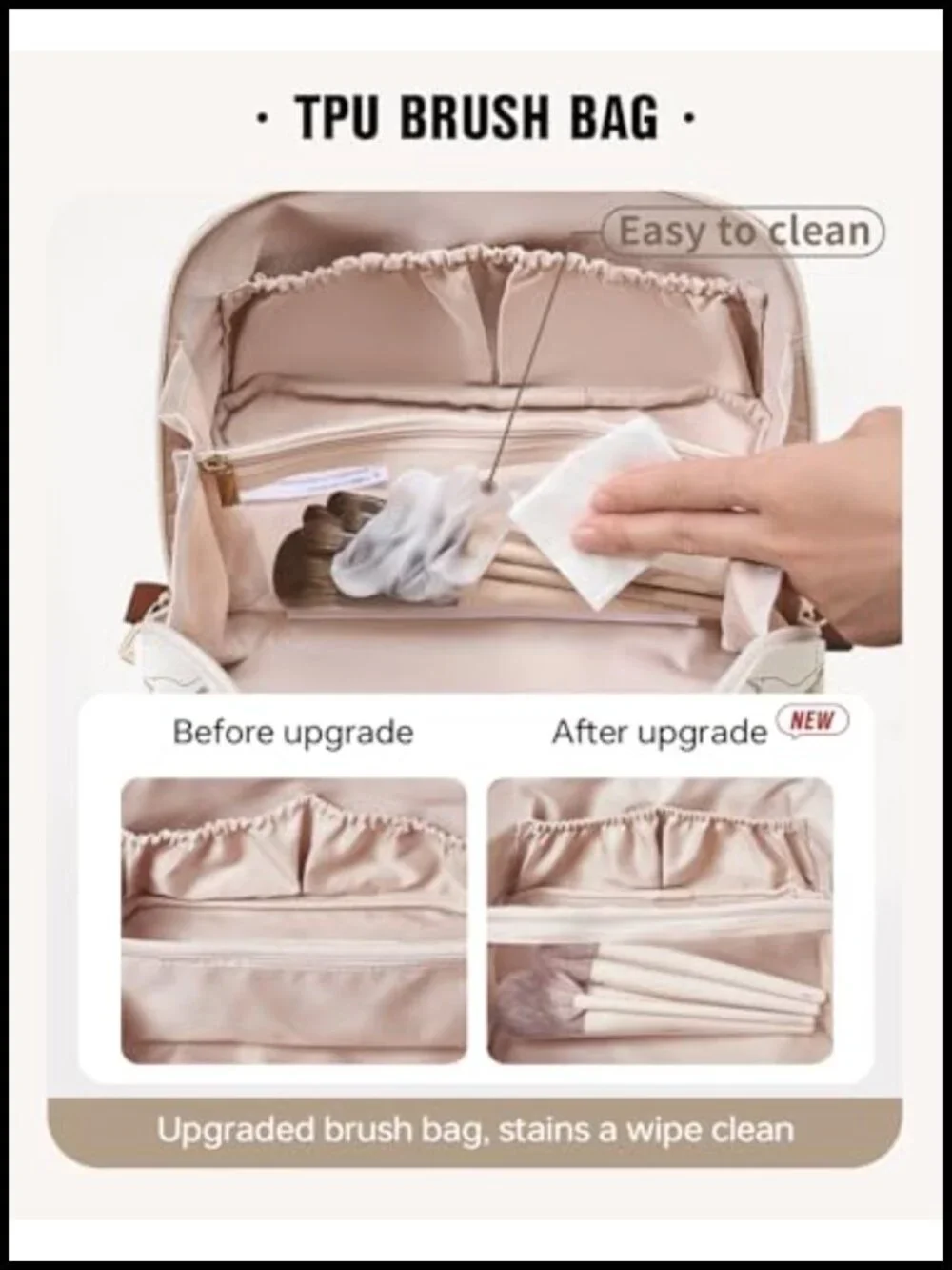 Large Capacity Waterproof Cosmetic Bag with Brush Pocket